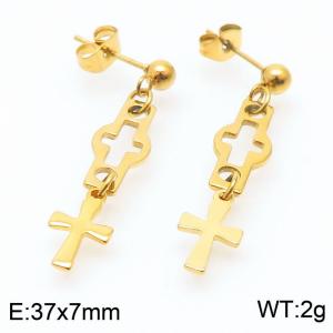 Gold Color Double Cross Earrings For Women Stainless Steel - KE108000-Z
