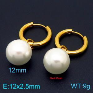 12mm White Shell Pearl Gold Color Earrings For Women Stainless Steel - KE108046-Z