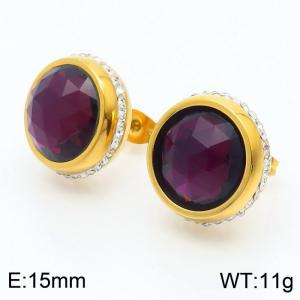 Stainless steel purple glass stone lady gold earrings - KE108252-Z