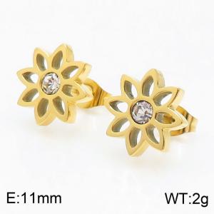 Gold Color Stainless Steel Flower Rhinestone Stud Earrings For Women Ear Jewelry - KE108792-LX