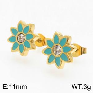 LX=Gold Color Stainless Steel Green Color Sun Flower Rhinestone Stud Earrings For Women Ear Jewelry - KE108795-LX