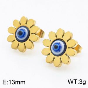 Gold Color Stainless Steel Sun Flower Devil's Eye Stud Earrings For Women - KE108876-KFC