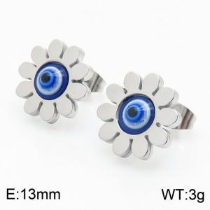 Silver Color Stainless Steel Sun Flower Devil's Eye Stud Earrings For Women - KE108877-KFC