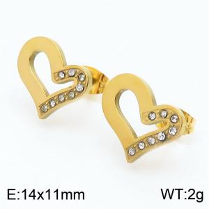 Gold Color Stainless Steel Love Heart Rhinestone Stud Earrings For Women - KE108878-KFC