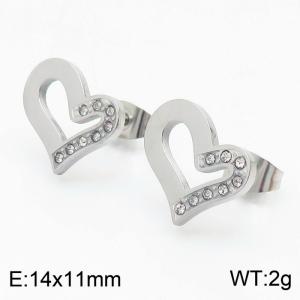 Silver Color Stainless Steel Love Heart Rhinestone Stud Earrings For Women - KE108879-KFC