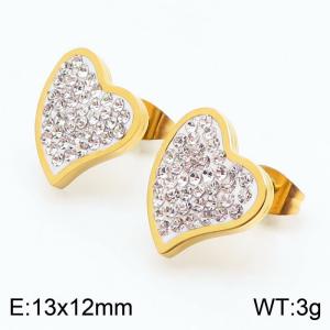Gold Color Stainless Steel Rhinestone Love Heart Stud Earrings For Women - KE108882-KFC