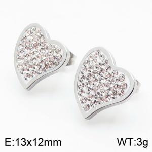 Silver Color Stainless Steel Rhinestone Love Heart Stud Earrings For Women - KE108883-KFC