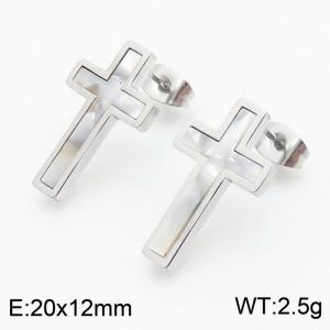 Steel colored cross Stainless steel stud earrings for women - KE108895-KFC