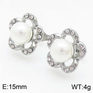 Stainless steel crystal big pearl flower shape fresh style  hollow silver earring - KE108962-KFC