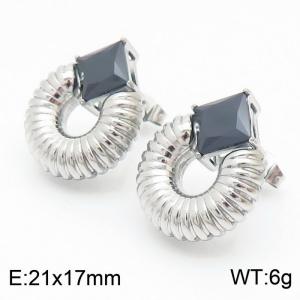 French Black Zircon Round Earring Women Stainless Steel Silver Color - KE109048-KFC