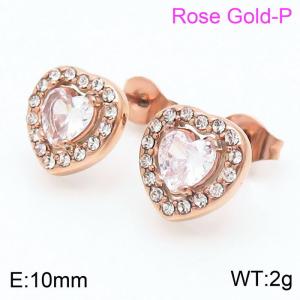 Heart Cubic Zircon Stud Earring Women Stainless Steel Rose Gold Color - KE109056-KFC