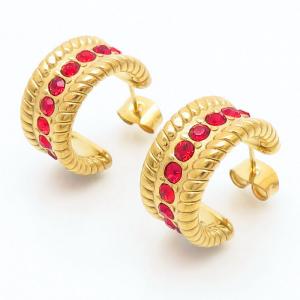 Gold Color Stainless Steel Twisted Red Crystal Glass Hoop Earrings - KE109235-MI
