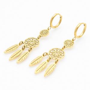 Gold Color Two Round Flowers Three Feather Stainless Steel Drop Earrings For Women - KE109296-MW