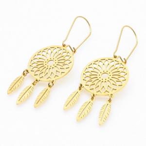 Gold Color Flower Three Feather Stainless Steel Drop Earrings For Women - KE109297-MW