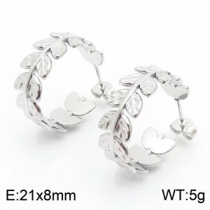 stainless steel  Minimalist wind leaf women's  silver earrings - KE109299-KFC