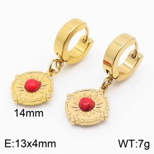 Women Gold-Plated Stainless Steel Earrings with Sun Pattern&Red Stone Charms - KE109579-HF