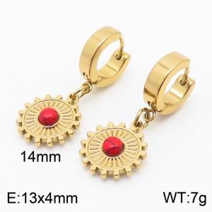 Women Gold-Plated Stainless Steel Earrings with Gear&Red Stone Charms - KE109580-HF
