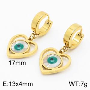 Women Gold-Plated Stainless Steel&Shell Earrings with Hollow Love Heart Green Eyes Charms - KE109590-HF
