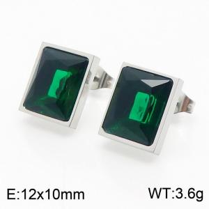 Silver Plated Stainless Steel Rectangular Light Weight Women's Stud Earrings With Green Gemstone - KE109778-KLX