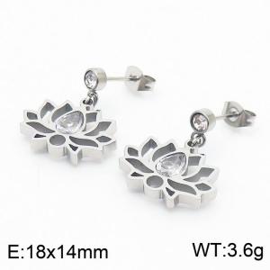 Silver-Plated Stainless Steel Lotus-Shaped Lightweight Women's Stud Earrings With CZ & Gemstone - KE109779-KLX