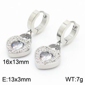 Stainless steel simple and fashionable circular with diamond heart shaped pendant jewelry charm silver earrings - KE110036-KSP