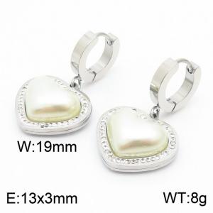 Stainless steel simple and fashionable circular with pearl heart shaped diamond pendant jewelry charm silver earrings - KE110038-KSP