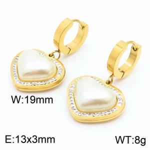 Stainless steel simple and fashionable circular with pearl heart shaped diamond pendant jewelry charm gold earrings - KE110039-KSP