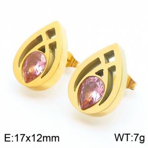 Stainless steel fashionable hollowed out water droplet shaped inlay with pink gemstone jewelry charm gold earrings - KE110085-KLX