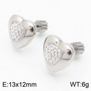 European and American fashion stainless steel diamond studded heart-shaped charm women's silver earrings - KE110699-Z
