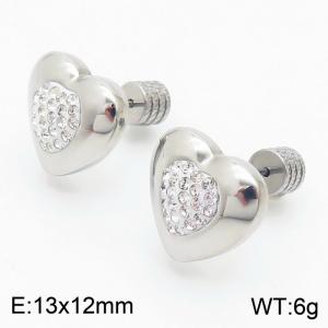 European and American fashion stainless steel diamond studded heart-shaped charm women's silver earrings - KE110701-Z