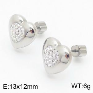 European and American fashion stainless steel diamond studded heart-shaped charm women's silver earrings - KE110703-Z