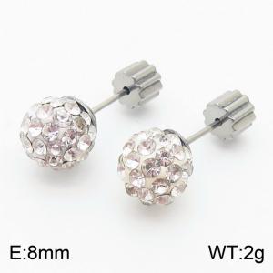 8mm spherical inlaid transparent rhinestone stainless steel fashionable and charming women's silver earrings - KE110742-Z