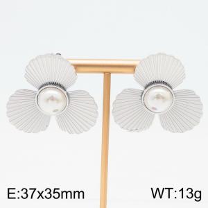 37x35mm Flower Styling Pearls Charm Earrings For Women Stainless Steel Earrings Silver Color - KE110889-HM