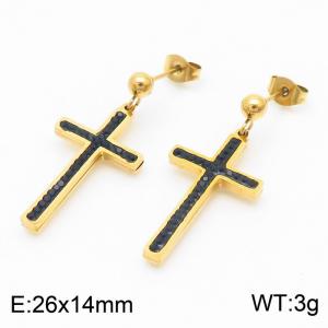 Vintage Gold Black Diamond Cross Titanium Steel Earrings - KE111087-MW