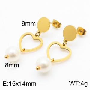 European and American fashion stainless steel creative hollow heart shaped connection pearl pendant temperament gold earrings - KE111235-ZC
