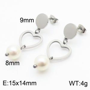 European and American fashion stainless steel creative hollow heart shaped connection pearl pendant temperament silver earrings - KE111236-ZC