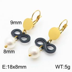 European and American fashion stainless steel creative black hollow 8-shaped connection pearl pendant temperament gold earrings - KE111240-ZC