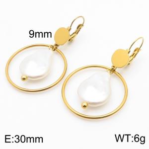 European and American fashion stainless steel creative hollow out circular clip flat pearl pendant temperament gold earrings - KE111251-ZC