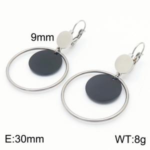 European and American fashion stainless steel creative hollow out circle clip black small circular pendant temperament silver earrings - KE111261-ZC