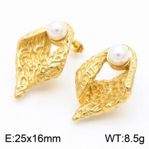 European and American fashion stainless steel creative wrinkle concave convex geometric inlay pearl women's charm gold earrings - KE112258-MZOZ