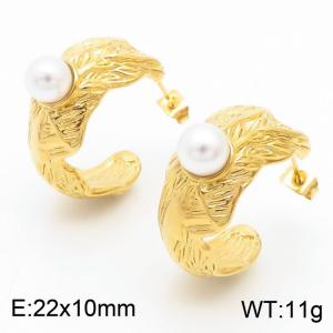 European and American fashion stainless steel creative wrinkled C-shaped inlaid pearl like women's charming gold earrings - KE112260-MZOZ