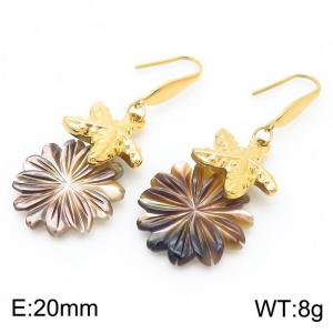 European and American fashion stainless steel curved hook earrings hanging with creative pentagonal star natural black seashell Semiia petal pendant - KE112471-FA