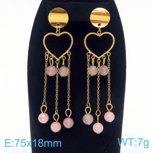 European and American fashion stainless steel geometric heart-shaped medium length tassel bead temperament gold earrings - KE112472-FA