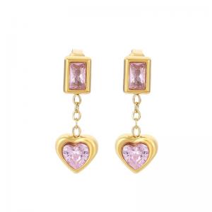 European and American fashion stainless steel pink square earrings hanging pink glass heart-shaped pendant charm gold earrings - KE112559-SP