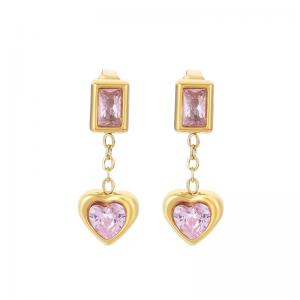 European and American fashion stainless steel pink square earrings hanging pink glass heart-shaped pendant charm gold earrings - KE112559-SP
