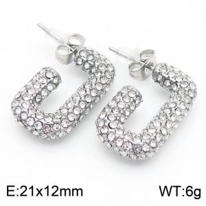 European and American fashion stainless steel studded with diamond rectangular opening women's temperament silver earrings - KE112657-KFC