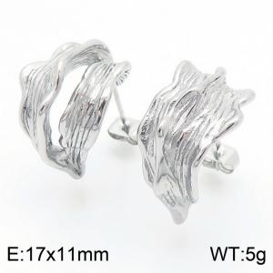 European and American fashion stainless steel creative geometric irregular pleated texture C-shaped opening charm silver earrings - KE112687-MZOZ