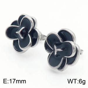 European and American fashion stainless steel creative black oil dripping flower charm silver earrings - KE112695-MZOZ