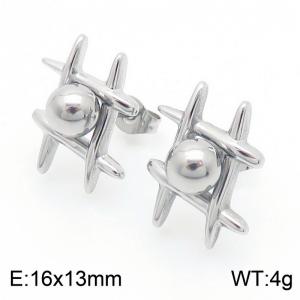 European and American fashion stainless steel creative geometric well shaped wrapped steel ball charm silver earrings - KE112697-MZOZ