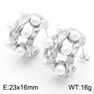 European and American fashion stainless steel creative pleated hollow C-shaped inlaid pearl irregular opening charm silver earrings - KE112706-MZOZ